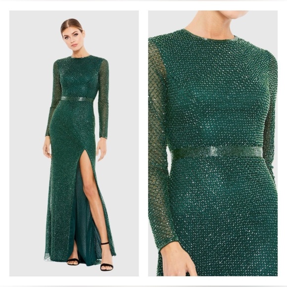 MAC DUGGAL 5046 NWT Beaded High Neck Long Sleeve Gown With Detailed Belt - Picture 1 of 7